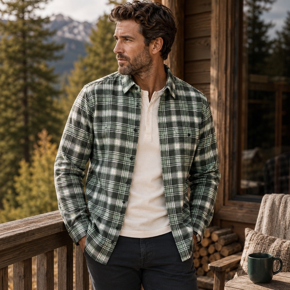 Rhone Hardy Flannel Shirt Men Large Pine Gray Plaid Stretch‎ NWT $168